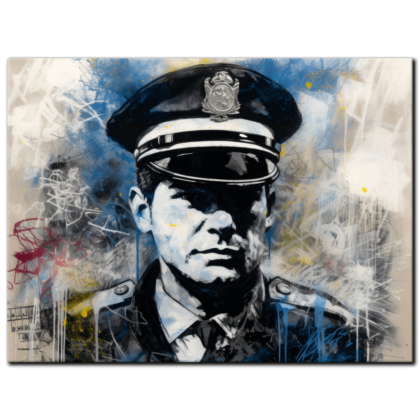 Painting “Blue Backdrop of the Graffiti Policeman” by Liam O’Connor AAA 00258 01
