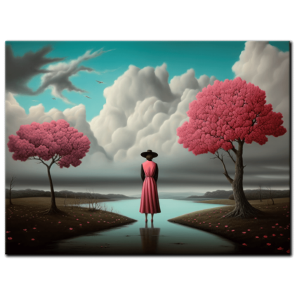 Painting “Cherry Blossom Contemplation at the Water’s Edge” by Luka Novak AAA 00199 01