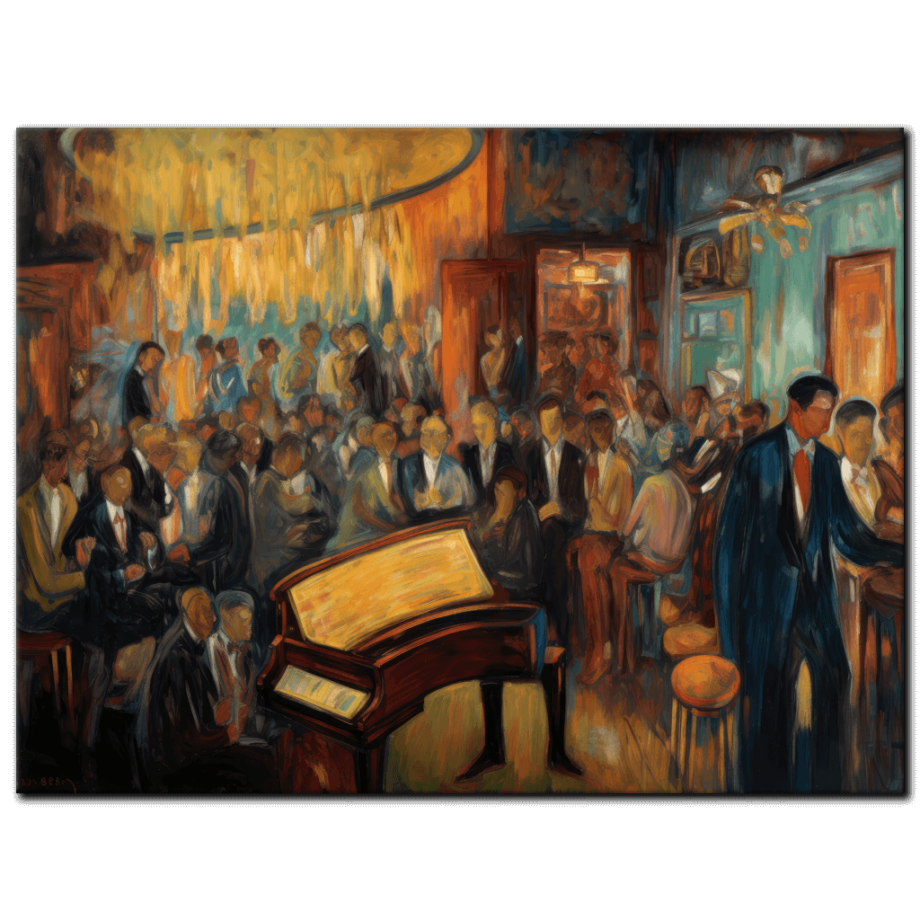 Painting “Harmony in Teal – An Expressionist Portrait of a Piano Bar” by Marcel Dubois AAA 00230 01