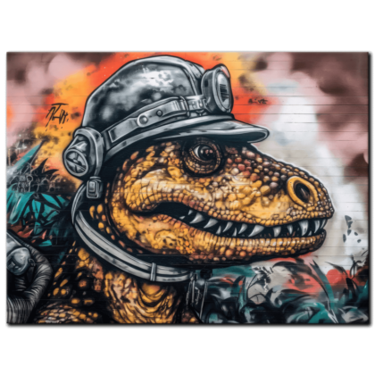 Painting “T Rex Helmet Chronicles in Urban Jungle” by Liam O’Connor AAA 00251 01