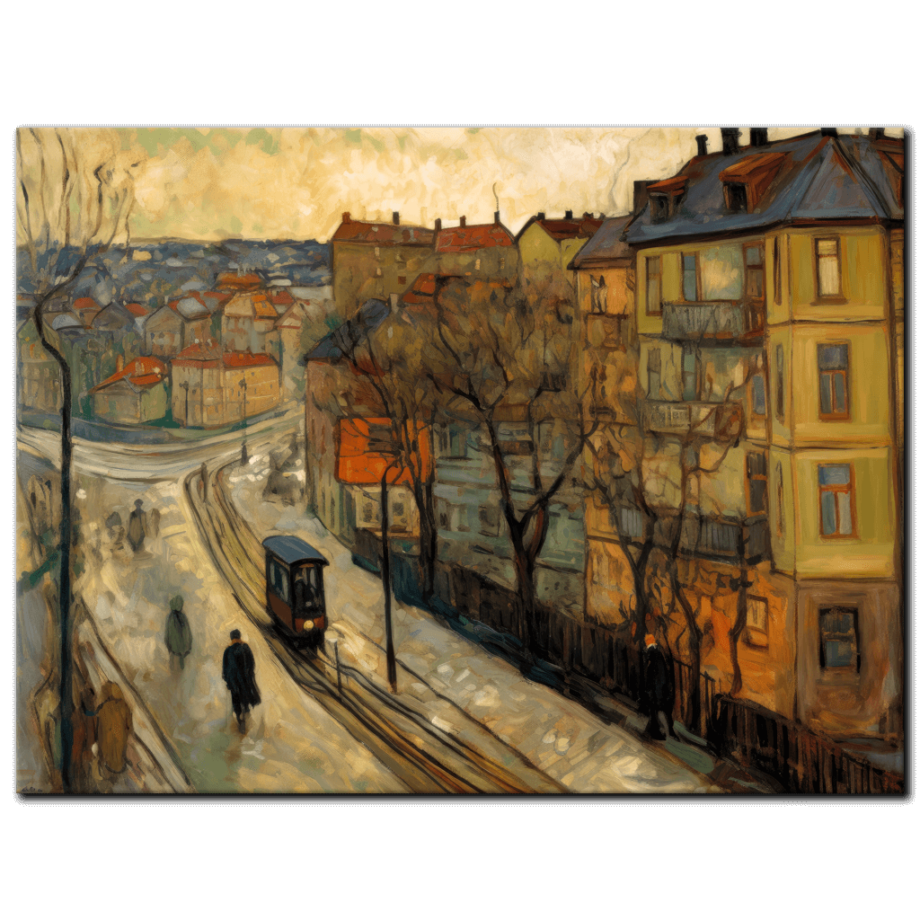 Painting “Trolley Trails – A Tonalist’s Impression of an Orange Cityscape” by Marcel Dubois AAA 00235 01