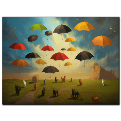 Painting “Umbrella Felines Frolicking in the Surreal Fields” by Luka Novak AAA 00204 01