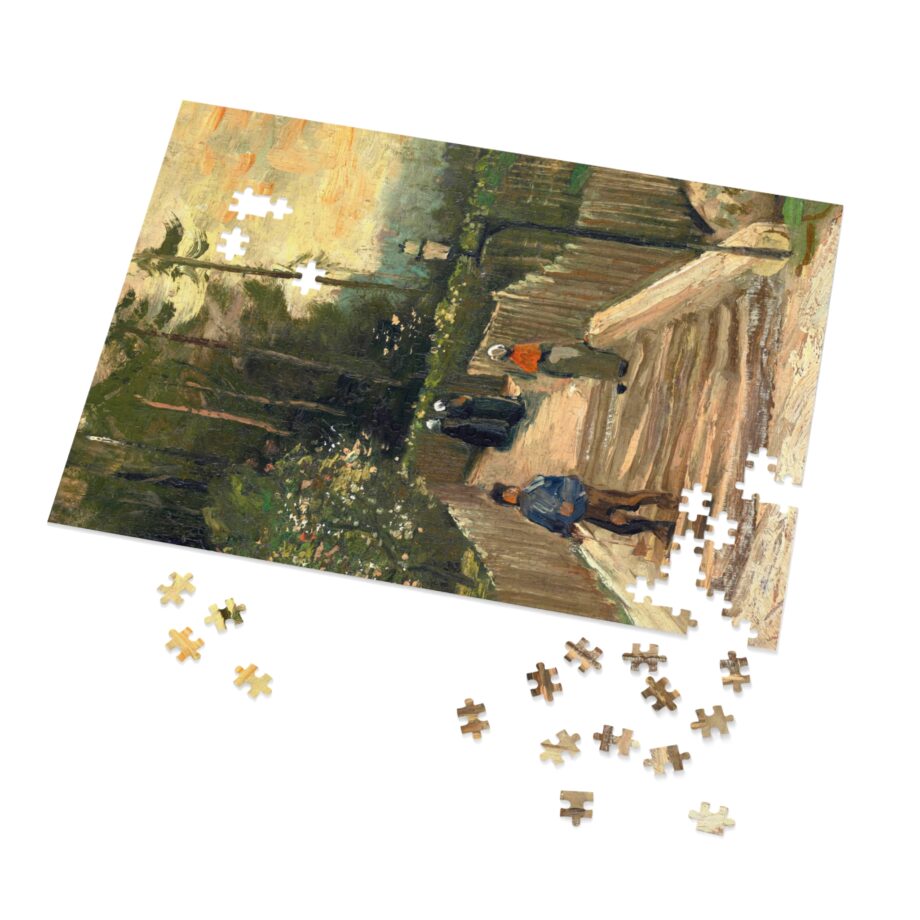 a puzzle with a couple of people walking on a path